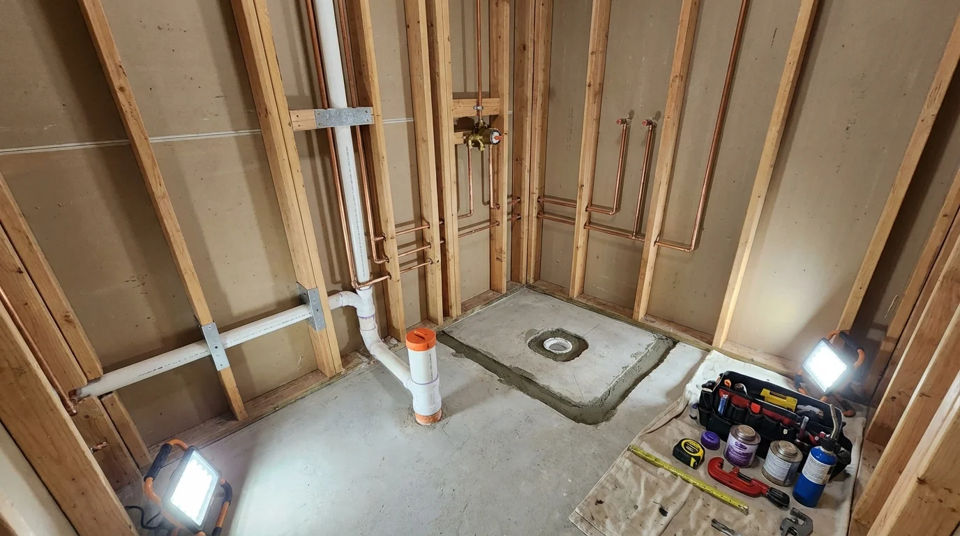Bathroom rough-in plumbing during remodel by Johns Plumbing LLC in Temple