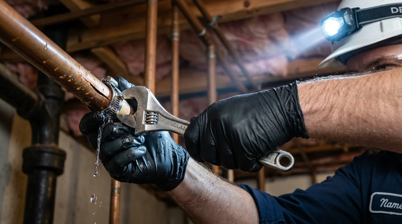 Emergency pipe clamp repair being performed by a Johns Plumbing LLC plumber in Temple