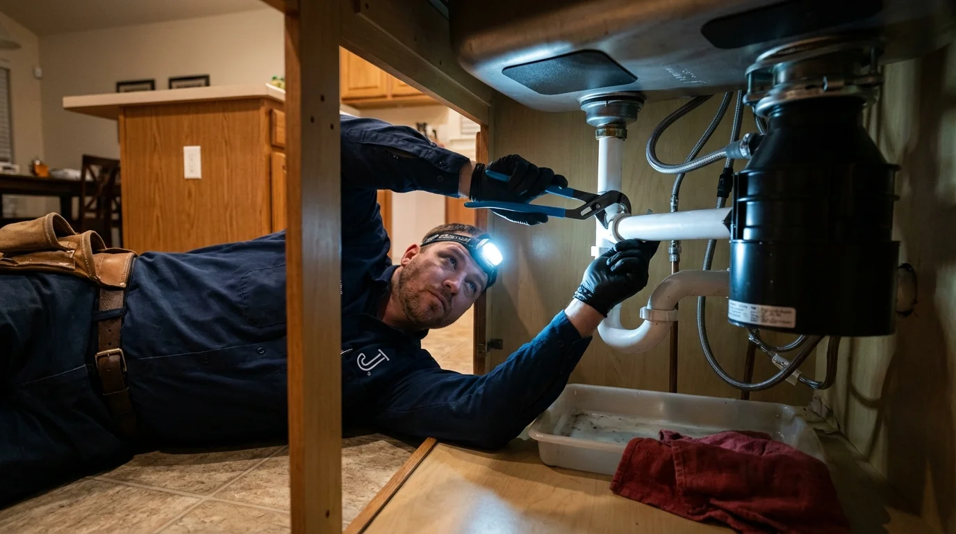 P-trap and supply line connections under a kitchen sink showing a common leak point in Temple, TX